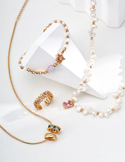 S925 Sterling Silver Pink Cubic Zirconia & Natural Pearl Necklace
