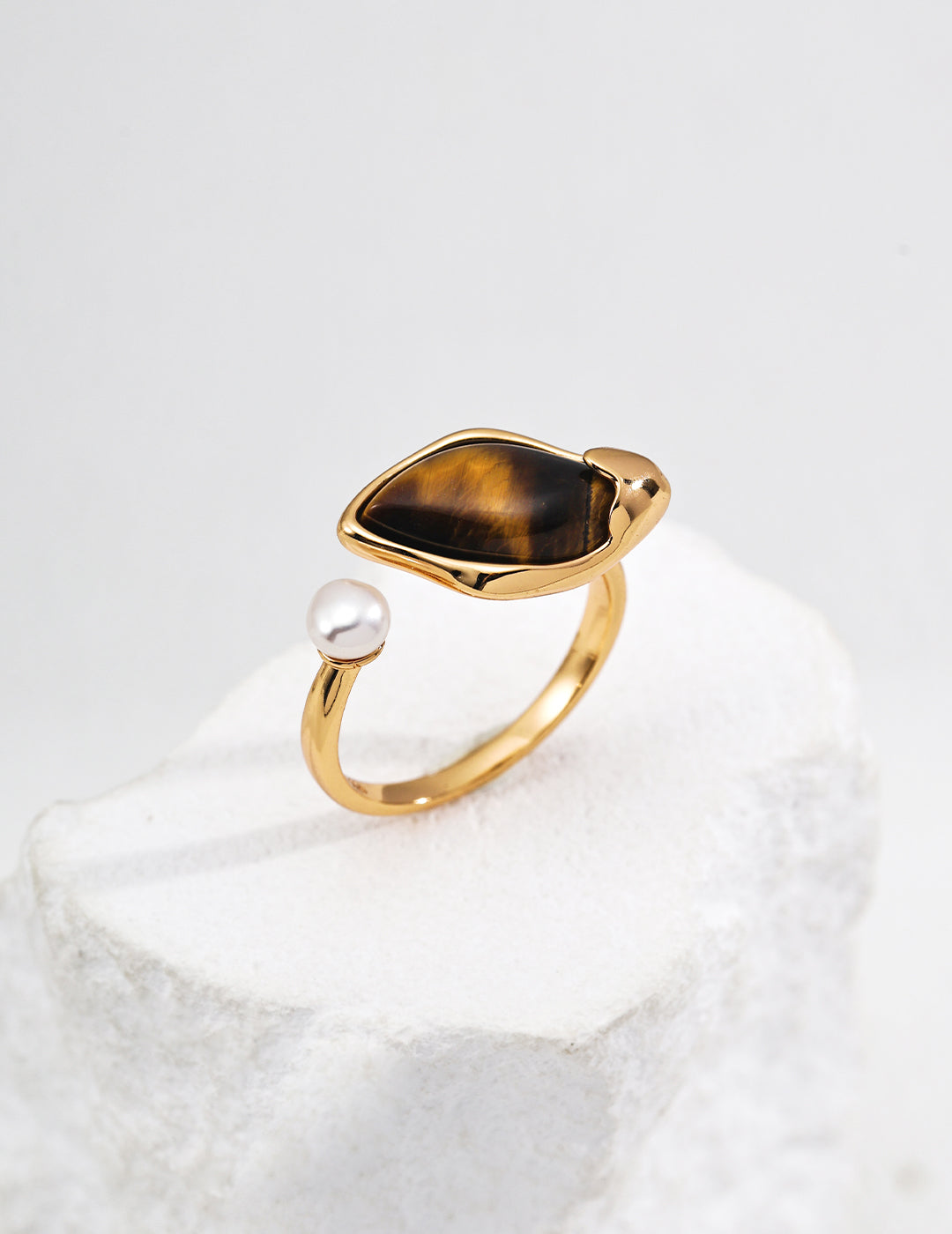 S925 Sterling Silver Ring Tiger Eye Stone and Pearl – Adjustable Design