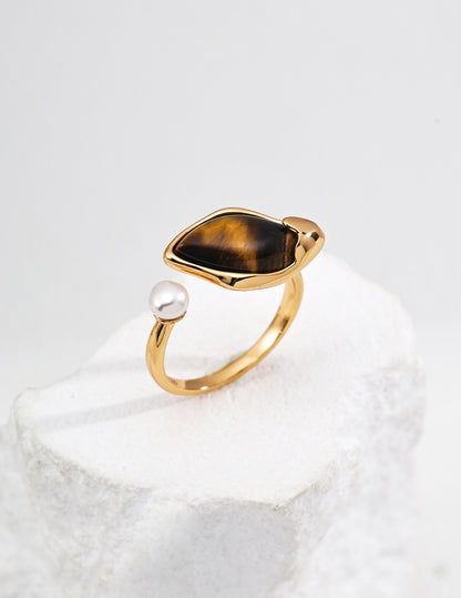 S925 Sterling Silver Ring with Tiger's Eye Stone And Natural Pearl