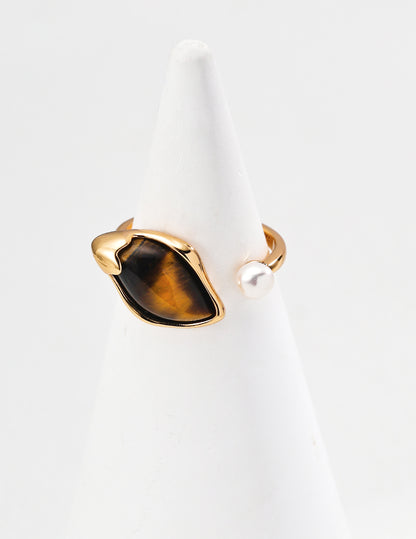 S925 Sterling Silver Ring with Tiger's Eye Stone And Natural Pearl
