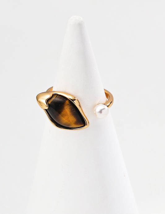 S925 Sterling Silver Ring with Tiger's Eye Stone And Natural Pearl