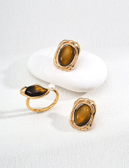 S925 Sterling Silver Ring with Tiger's Eye Stone And Natural Pearl