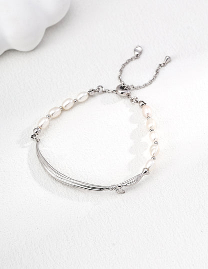 S925 Sterling Silver Natural Pearl Elegant Scarf-Inspired Design Bracelet