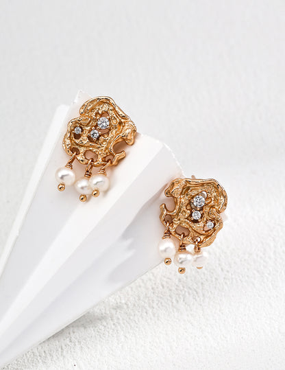 S925 silver pearl earrings, S925 silver pearl earrings, vintage retro gold jewelry, elegant pearl earrings, vintage pearl cubic zirconia earrings, Pearl & Cubic Zirconia Earrings