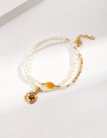Natural Pearl & Tiger Eye Necklace, S925 silver gemstone necklace, adjustable tiger eye pearl jewelry, vintage gold finish necklace, natural pearl jewelry, bold gemstone necklace