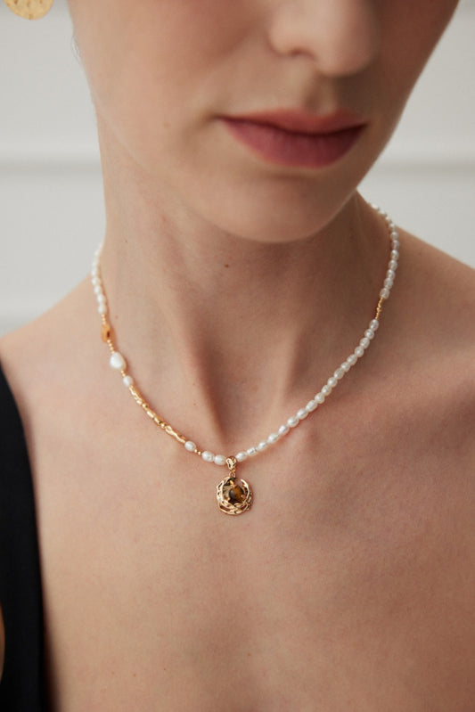 Natural Pearl & Tiger Eye Necklace, S925 silver gemstone necklace, adjustable tiger eye pearl jewelry, vintage gold finish necklace, natural pearl jewelry, bold gemstone necklace