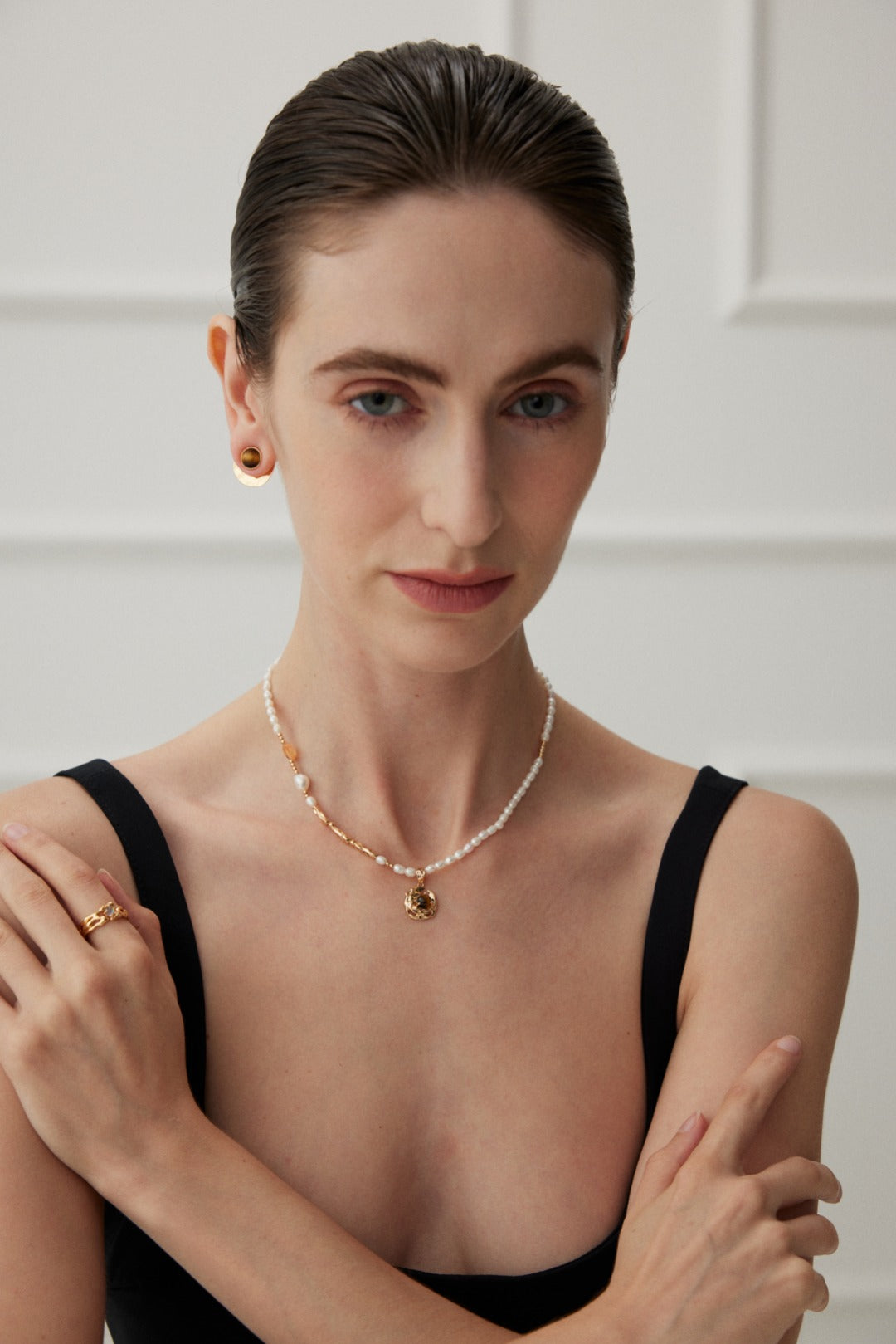 S925 Silver Pearl & Tiger Eye Necklace – Adjustable Vintage Gold Finish