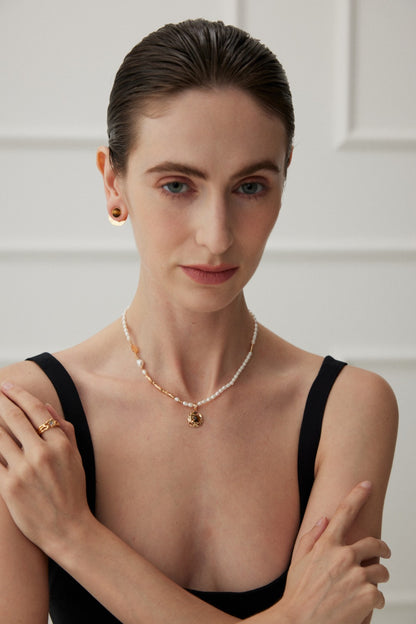 Natural Pearl & Tiger Eye Necklace, S925 silver gemstone necklace, adjustable tiger eye pearl jewelry, vintage gold finish necklace, natural pearl jewelry, bold gemstone necklace