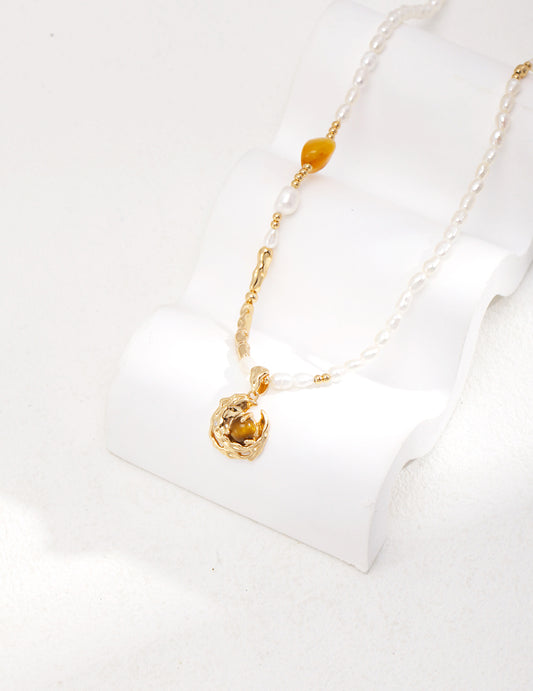 S925 Silver Pearl & Tiger Eye Necklace – Adjustable Vintage Gold Finish