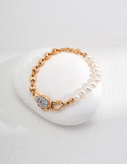  Natural Pearl & Cubic Zirconia bracelet, S925 silver pearl bracelet, vintage gold finish bracelet, cubic zirconia jewelry, elegant gemstone bracelet, classic pearl accessory