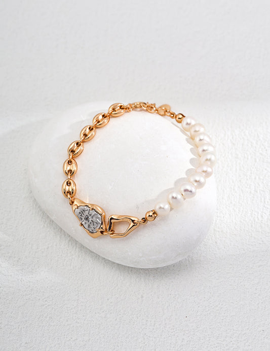 S925 Silver Pearl & Cubic Zirconia Bracelet – Vintage Gold Finish