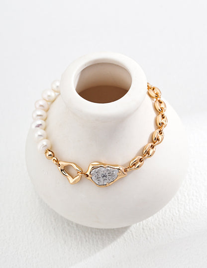  Natural Pearl & Cubic Zirconia bracelet, S925 silver pearl bracelet, vintage gold finish bracelet, cubic zirconia jewelry, elegant gemstone bracelet, classic pearl accessory