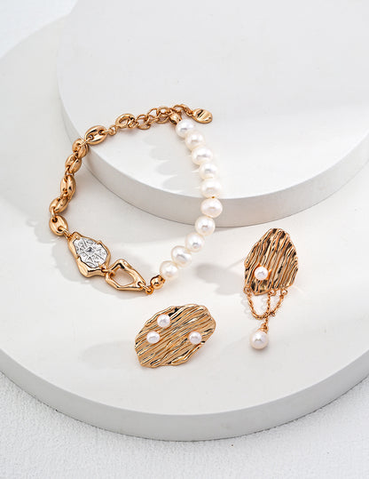 Natural Pearl & Cubic Zirconia bracelet, S925 silver pearl bracelet, vintage gold finish bracelet, cubic zirconia jewelry, elegant gemstone bracelet, classic pearl accessory