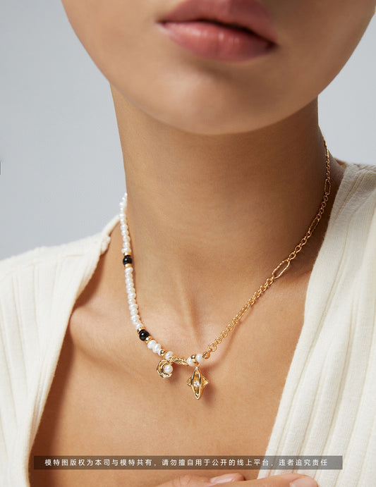 S925 Silver Star & Moon Necklace with Black Onyx, Natural Pearl & Cubic Zirconia