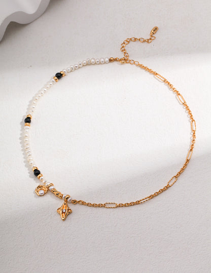 black onyx pearl necklace, S925 silver gemstone necklace, 18K gold finished pearl necklace, natural pearl and onyx jewelry, star & moon pendant necklace, elegant everyday necklace