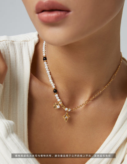 black onyx pearl necklace, S925 silver gemstone necklace, 18K gold finished pearl necklace, natural pearl and onyx jewelry, star & moon pendant necklace, elegant everyday necklace