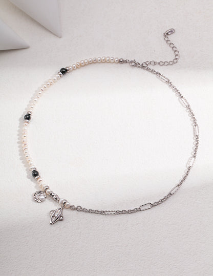 black onyx pearl necklace, S925 silver gemstone necklace, 18K gold finished pearl necklace, natural pearl and onyx jewelry, star & moon pendant necklace, elegant everyday necklace