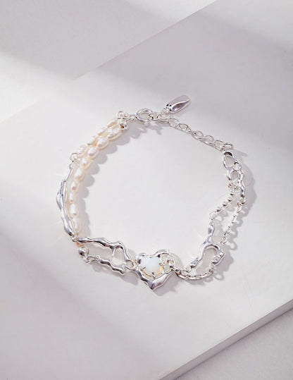 Natural Opal & Pearl Bracelet, S925 silver opal bracelet, natural pearl bracelet, fluid design jewelry, heart charm bracelet, gemstone bracelet