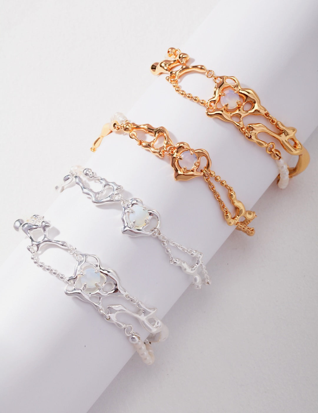 S925 Silver Opal & Pearl Bracelet – Fluid Design with Heart Charm