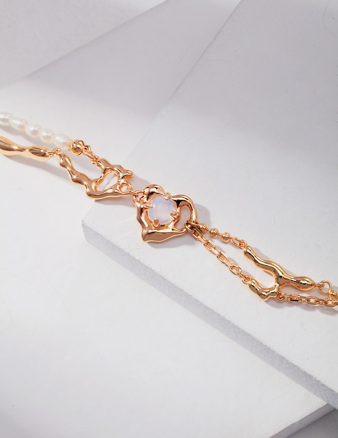 S925 Silver Opal & Pearl Bracelet – Fluid Design with Heart Charm