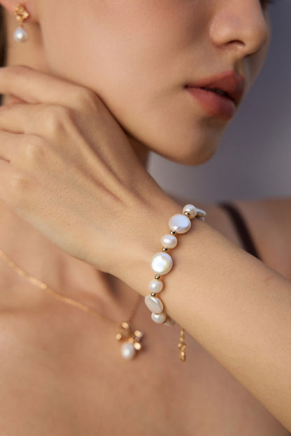 baroque button pearl bracelet, S925 silver pearl bracelet, baroque pearl jewelry, lantern spacer bracelet, artisan pearl bracelet, elegant gemstone bracelet