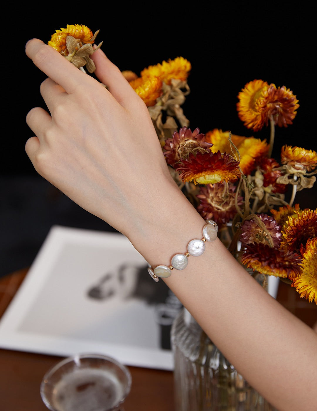 baroque button pearl bracelet, S925 silver pearl bracelet, baroque pearl jewelry, lantern spacer bracelet, artisan pearl bracelet, elegant gemstone bracelet