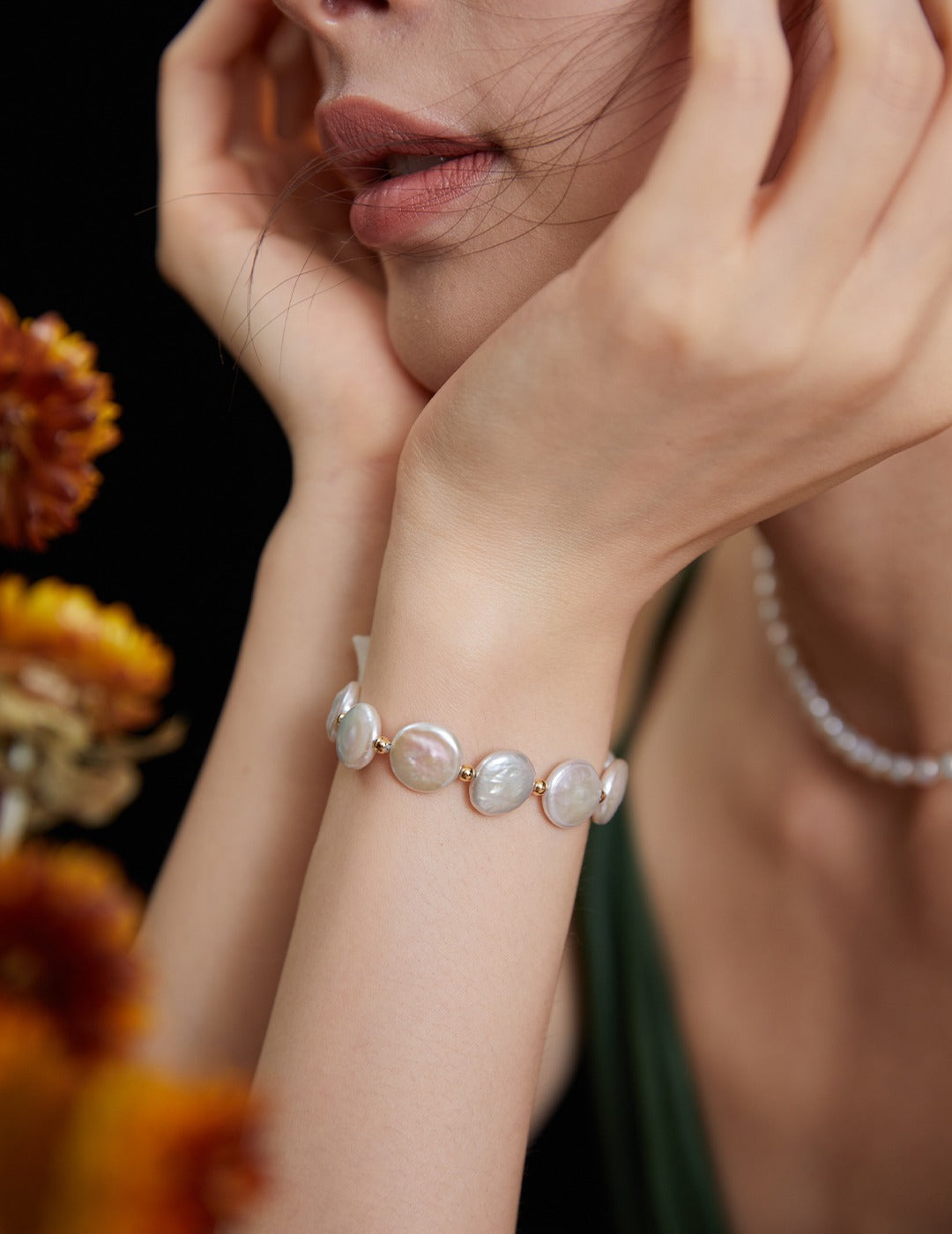 baroque button pearl bracelet, S925 silver pearl bracelet, baroque pearl jewelry, lantern spacer bracelet, artisan pearl bracelet, elegant gemstone bracelet
