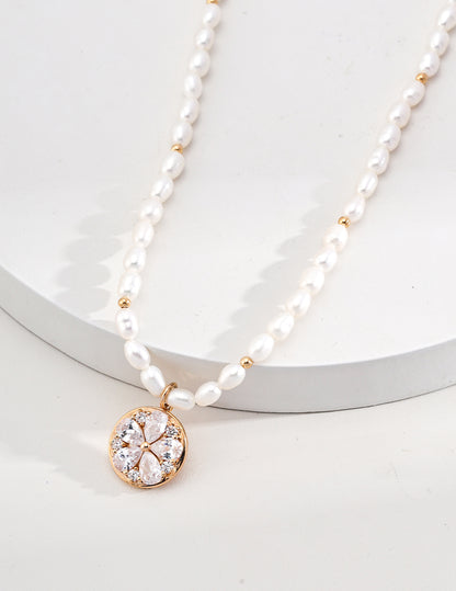 Natural Pearl & Cubic Zirconia Necklace, S925 silver pearl necklace, cubic zirconia leaf shape jewelry, vintage gold pendant necklace, adjustable chain pearl necklace, elegant gemstone necklace