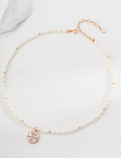 Natural Pearl & Cubic Zirconia Necklace, S925 silver pearl necklace, cubic zirconia leaf shape jewelry, vintage gold pendant necklace, adjustable chain pearl necklace, elegant gemstone necklace