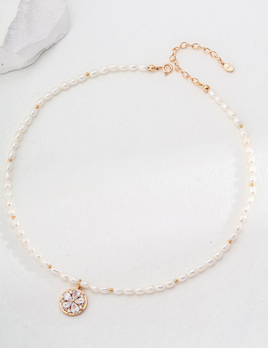 Natural Pearl & Cubic Zirconia Necklace, S925 silver pearl necklace, cubic zirconia leaf shape jewelry, vintage gold pendant necklace, adjustable chain pearl necklace, elegant gemstone necklace
