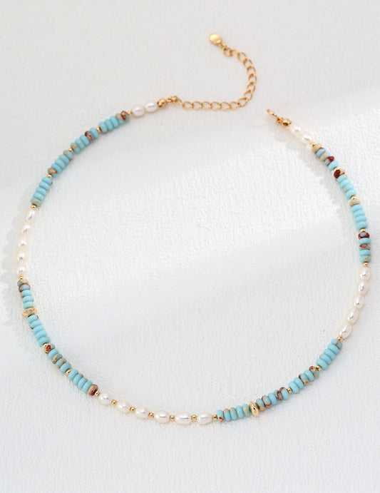  Blue ShouShan Gemstone Necklace, S925 silver pearl necklace, blue ShouShan stone jewelry, vintage gold pearl necklace, adjustable chain necklace, elegant gemstone necklace