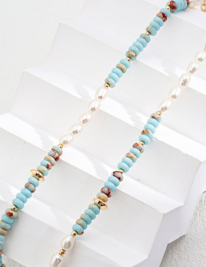  Blue ShouShan Gemstone Necklace, S925 silver pearl necklace, blue ShouShan stone jewelry, vintage gold pearl necklace, adjustable chain necklace, elegant gemstone necklace