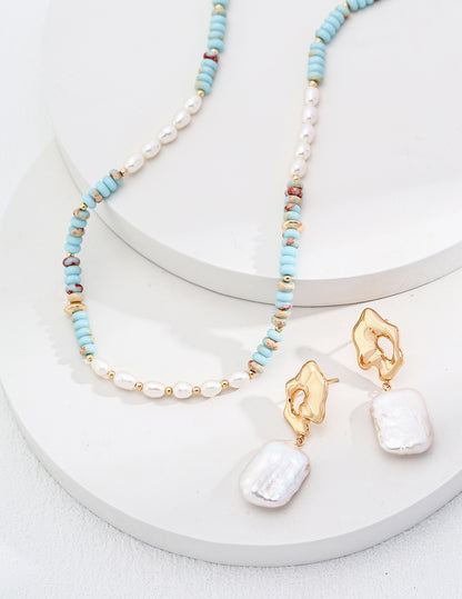  Blue ShouShan Gemstone Necklace, S925 silver pearl necklace, blue ShouShan stone jewelry, vintage gold pearl necklace, adjustable chain necklace, elegant gemstone necklace
