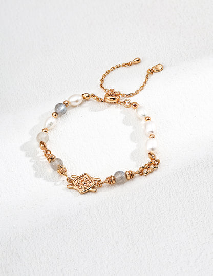  Natural Pearl & Grey Moonstone Bracelet, S925 silver gemstone bracelet, pearl moonstone jewelry, adjustable bracelet, elegant vintage bracelet, artisan silver bracelet