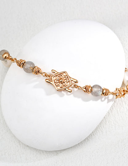  Natural Pearl & Grey Moonstone Bracelet, S925 silver gemstone bracelet, pearl moonstone jewelry, adjustable bracelet, elegant vintage bracelet, artisan silver bracelet