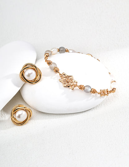  Natural Pearl & Grey Moonstone Bracelet, S925 silver gemstone bracelet, pearl moonstone jewelry, adjustable bracelet, elegant vintage bracelet, artisan silver bracelet