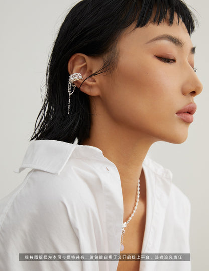 Tassel Pearl Clip-On Earring, pearl clip on earring, single pearl earring, no piercing earrings, S925 sterling silver earring, tassel pearl jewelry