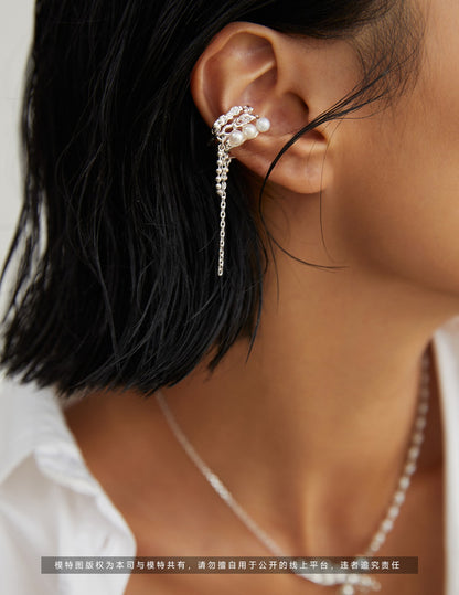Tassel Pearl Clip-On Earring, pearl clip on earring, single pearl earring, no piercing earrings, S925 sterling silver earring, tassel pearl jewelry