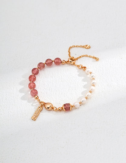 Natural Pearl & Strawberry Quartz Bracelet, natural pearl bracelet, moss agate bracelet, strawberry quartz jewelry, S925 sterling silver bracelet, vintage garden design bracelet