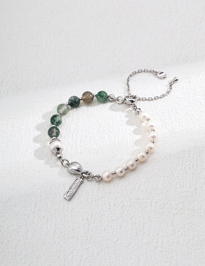 Natural Pearl & Strawberry Quartz Bracelet, natural pearl bracelet, moss agate bracelet, strawberry quartz jewelry, S925 sterling silver bracelet, vintage garden design bracelet