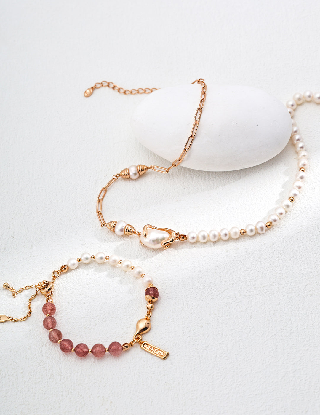 Natural Pearl & Strawberry Quartz Bracelet, natural pearl bracelet, moss agate bracelet, strawberry quartz jewelry, S925 sterling silver bracelet, vintage garden design bracelet