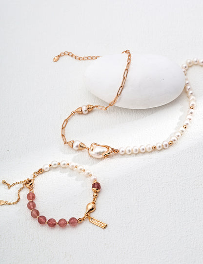 Natural Pearl & Strawberry Quartz Bracelet, natural pearl bracelet, moss agate bracelet, strawberry quartz jewelry, S925 sterling silver bracelet, vintage garden design bracelet