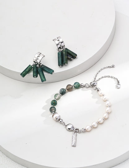 Natural Pearl & Strawberry Quartz Bracelet, natural pearl bracelet, moss agate bracelet, strawberry quartz jewelry, S925 sterling silver bracelet, vintage garden design bracelet
