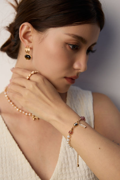 Natural Pearl & Strawberry Quartz Bracelet, natural pearl bracelet, moss agate bracelet, strawberry quartz jewelry, S925 sterling silver bracelet, vintage garden design bracelet