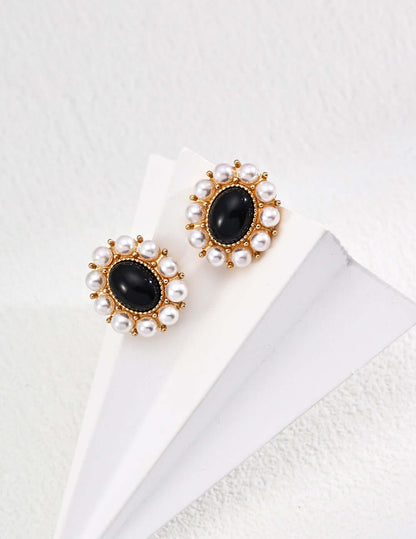 black onyx pearl earrings, S925 silver gemstone earrings, artisan earrings, natural pearl earrings, elegant earrings jewelry, minimalist gemstone earrings