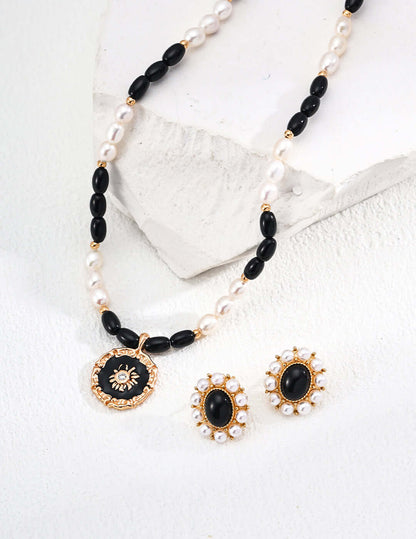 black onyx pearl earrings, S925 silver gemstone earrings, artisan earrings, natural pearl earrings, elegant earrings jewelry, minimalist gemstone earrings