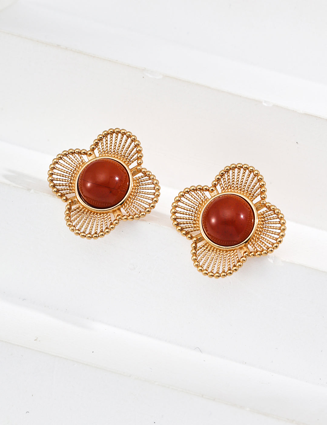 Vintage Red Agate Four-Leaf Clover Earrings, red agate earrings, four leaf clover earrings, S925 silver gemstone earrings, lucky charm earrings, vintage style earrings for women