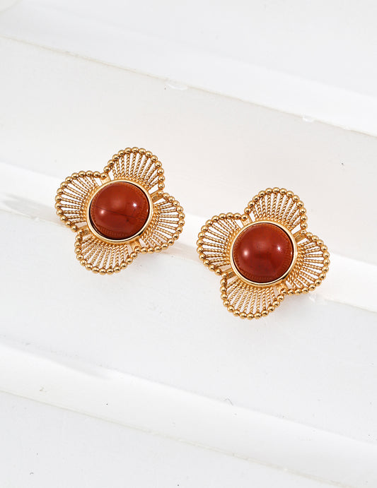 Vintage Red Agate Four-Leaf Clover Earrings, red agate earrings, four leaf clover earrings, S925 silver gemstone earrings, lucky charm earrings, vintage style earrings for women