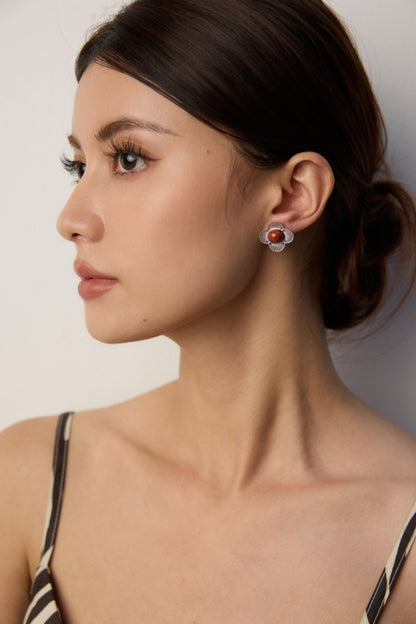 Vintage Red Agate Four-Leaf Clover Earrings, red agate earrings, four leaf clover earrings, S925 silver gemstone earrings, lucky charm earrings, vintage style earrings for women