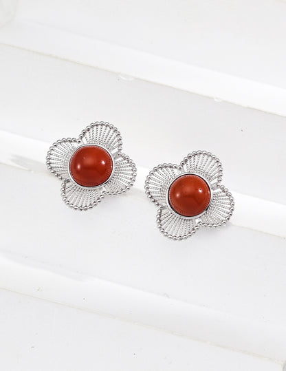 Vintage Red Agate Four-Leaf Clover Earrings, red agate earrings, four leaf clover earrings, S925 silver gemstone earrings, lucky charm earrings, vintage style earrings for women